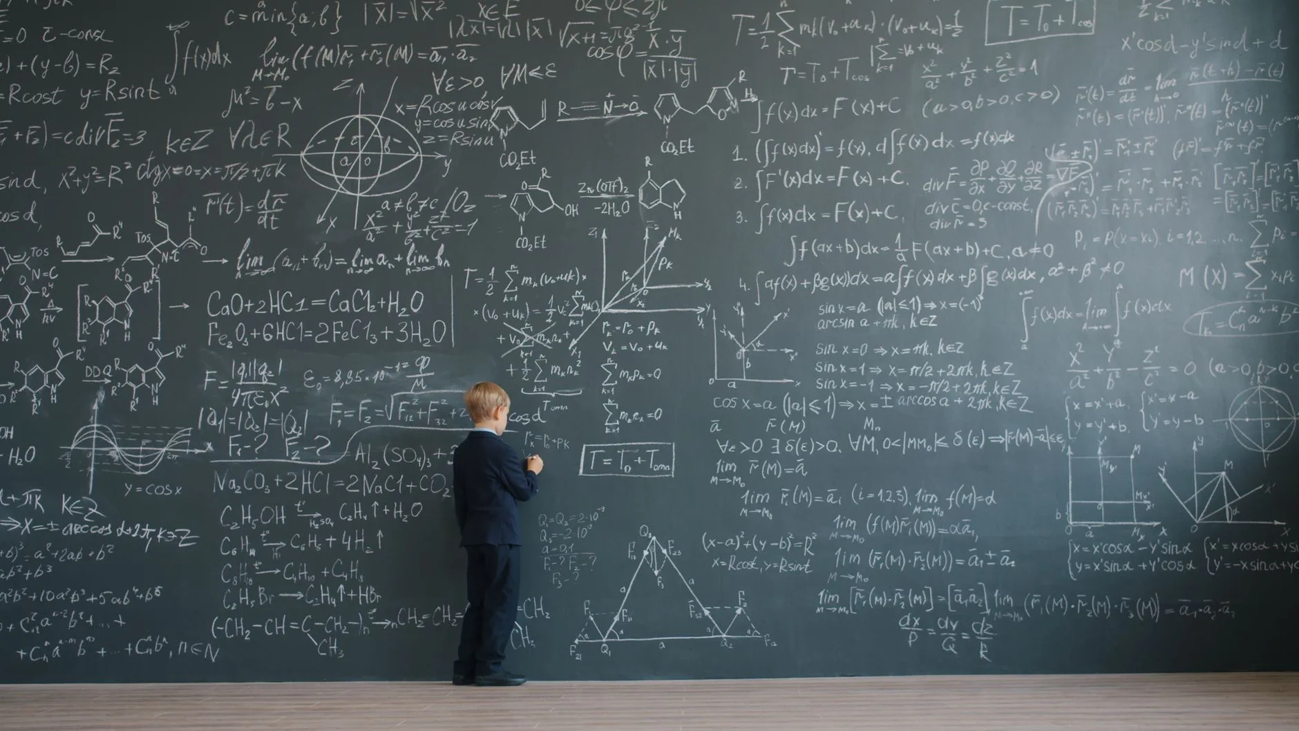 A chalkboard covered in handwritten formulas and diagrams, representing structured rules and logic